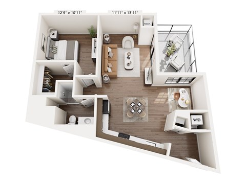 Floor plan for 1 bed, 1 bath, 905 sqft